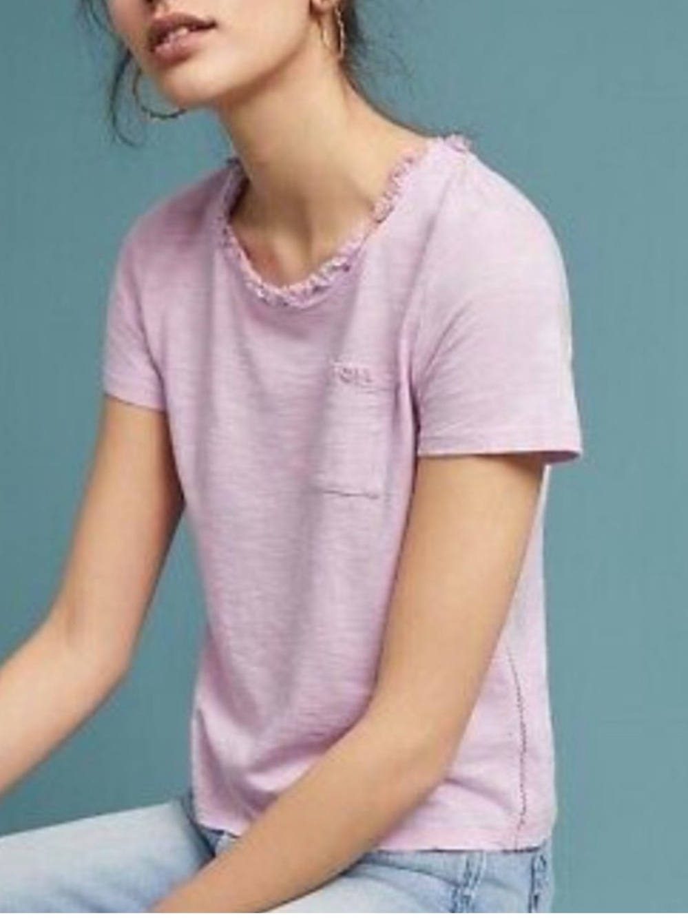 Anthropologie Meadow Rue Pink Short Sleeve Tee Fringe Neckline Cottagecore M